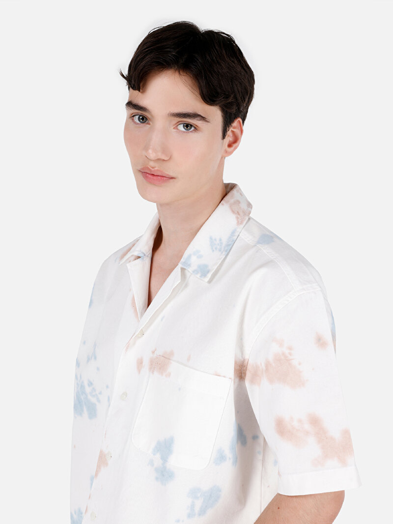 Oversize Fit Shirt Neck  Erkek Bej Kısa Kol Gömlek