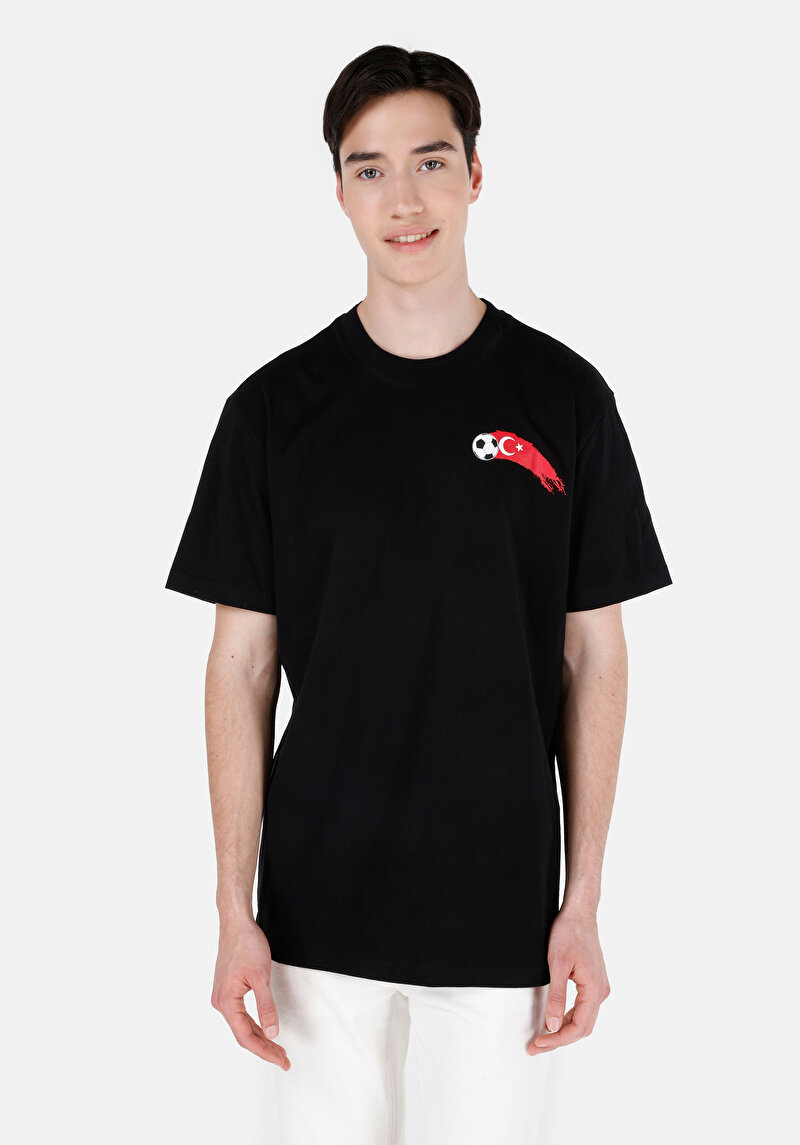 Comfort Fit Yuvarlak Yaka Düz Erkek Siyah Kısa Kol Tişört