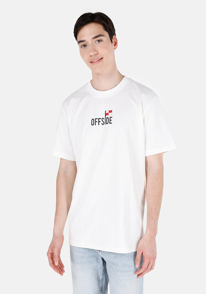 Comfort Fit Yuvarlak Yaka Düz Erkek Ofsayt Yazı Baskılı Beyaz Kısa Kol Tişört