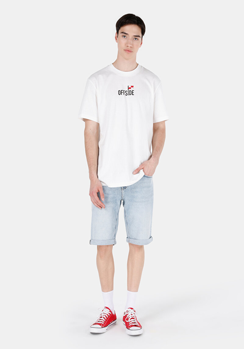 Comfort Fit Yuvarlak Yaka Düz Erkek Ofsayt Yazı Baskılı Beyaz Kısa Kol Tişört