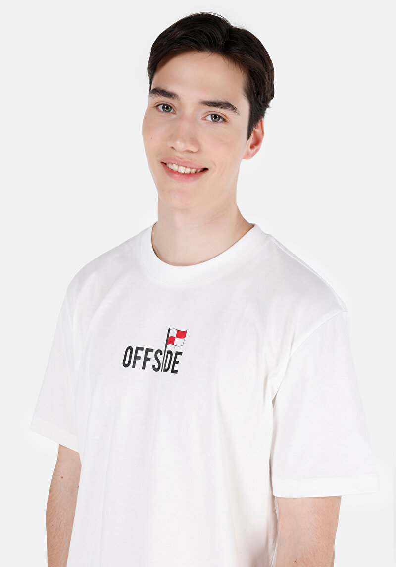 Comfort Fit Yuvarlak Yaka Düz Erkek Ofsayt Yazı Baskılı Beyaz Kısa Kol Tişört