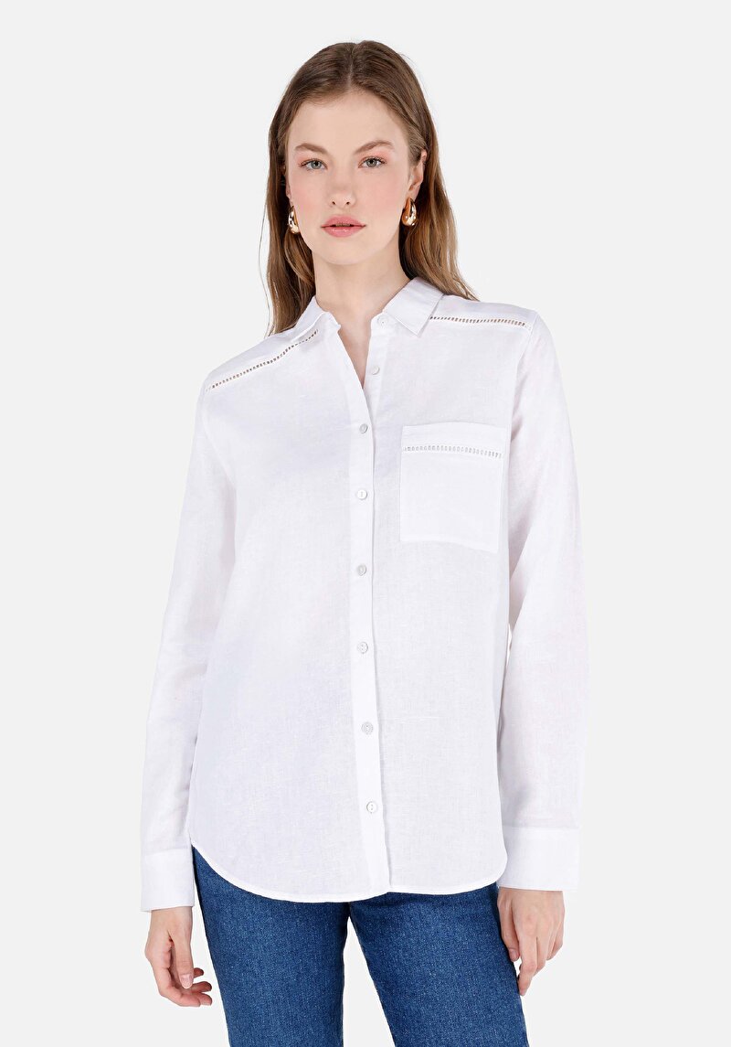 Regular Fit Shirt Neck Düz Kadın Beyaz Uzun Kol Gömlek