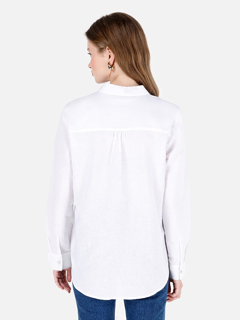 Regular Fit Shirt Neck Düz Kadın Beyaz Uzun Kol Gömlek