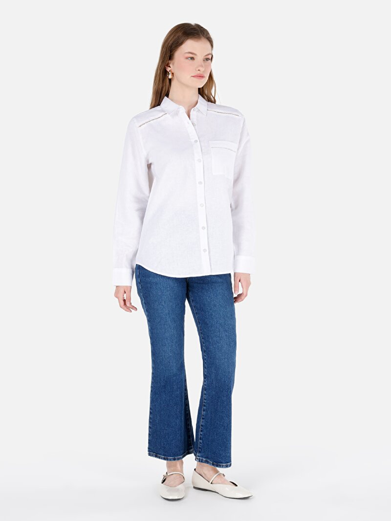 Regular Fit Shirt Neck Düz Kadın Beyaz Uzun Kol Gömlek