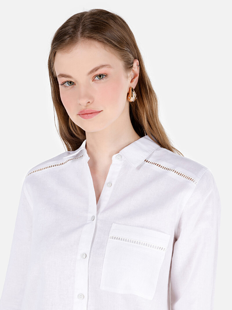 Regular Fit Shirt Neck Düz Kadın Beyaz Uzun Kol Gömlek
