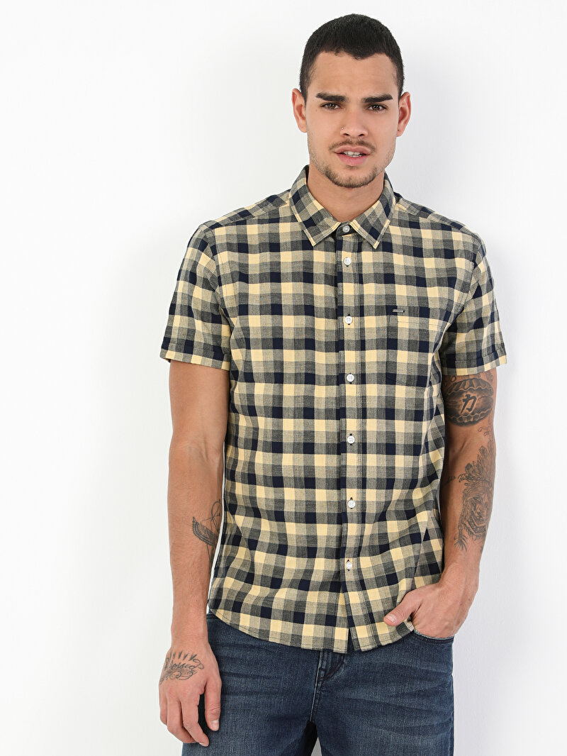 Slim Fit Shirt Neck Erkek Sarı Kısa Kol Gömlek