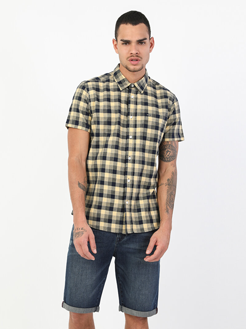 Slim Fit Shirt Neck Erkek Sarı Kısa Kol Gömlek