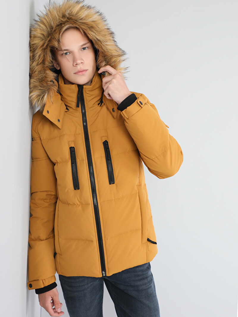  Regular Fit Kapüşonlu Erkek Sarı Mont