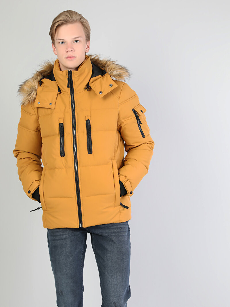  Regular Fit Kapüşonlu Erkek Sarı Mont