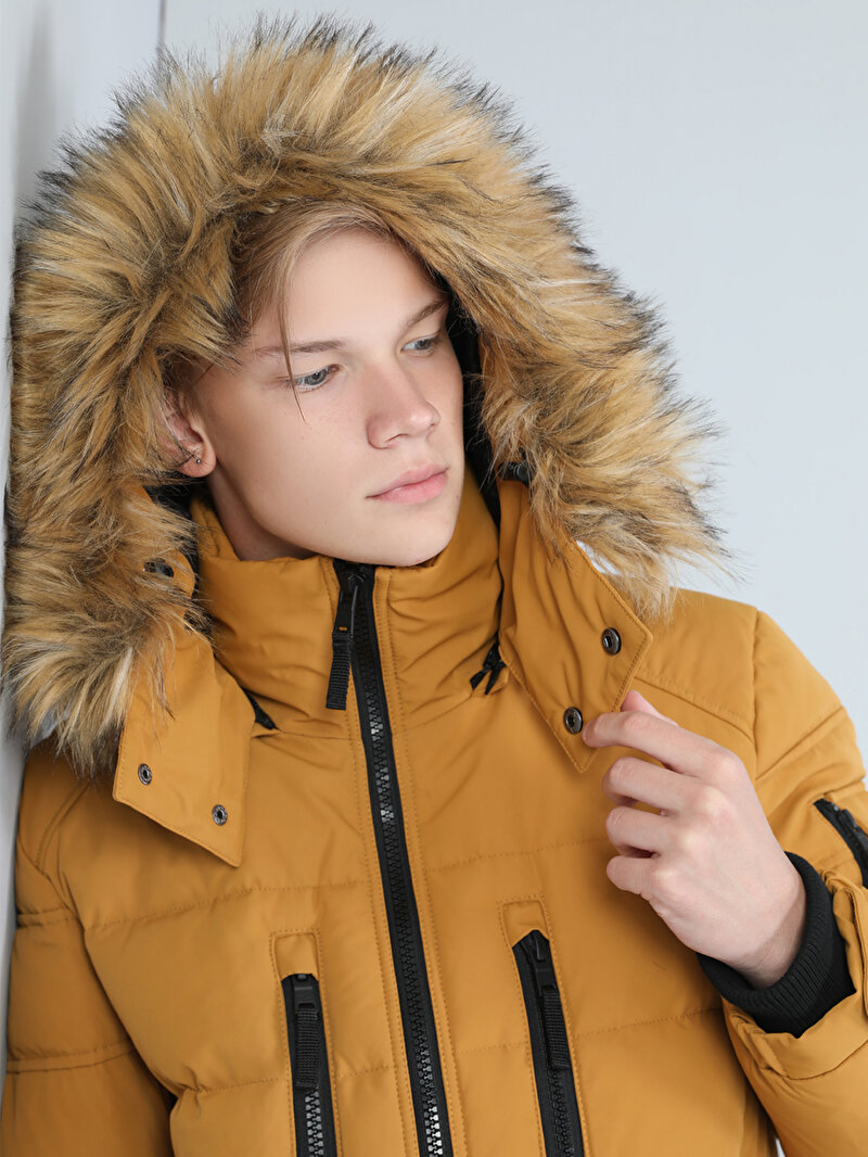  Regular Fit Kapüşonlu Erkek Sarı Mont