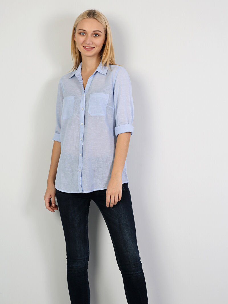 Regular Fit Shirt Neck  Kadın Mavi Uzun Kol Gömlek