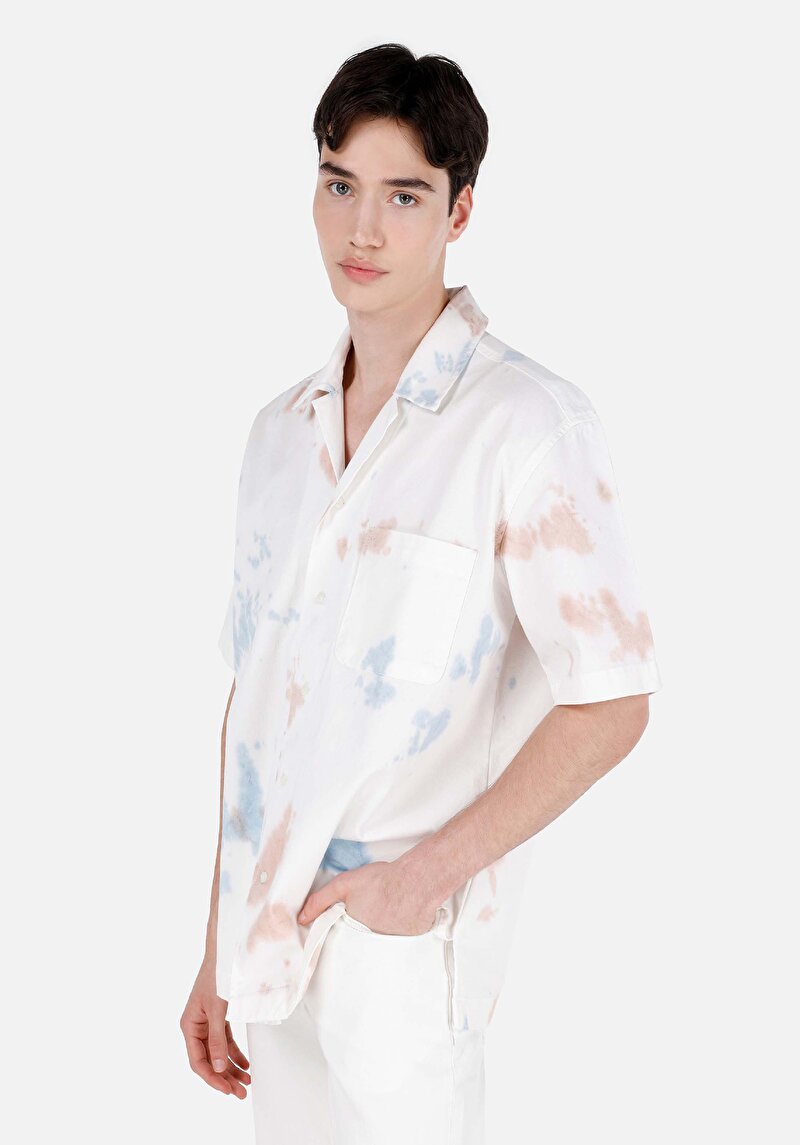 Oversize Fit Shirt Neck Erkek Bej Kısa Kol Gömlek