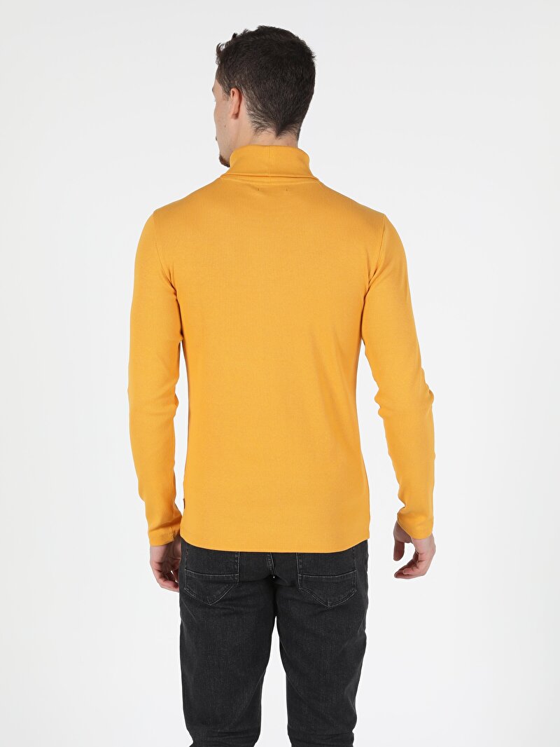 Slim Fit Yarım Balıkçı Yaka Düz Erkek Sari Uzun Kol Tişört