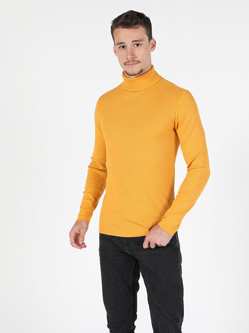 Slim Fit Yarım Balıkçı Yaka Düz Erkek Sari Uzun Kol Tişört