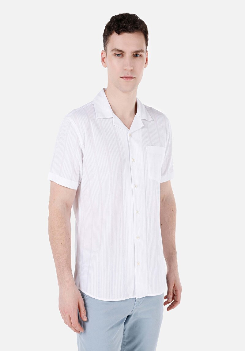 Regular Fit Shirt Neck Cepli Düz Erkek Beyaz Kısa Kol Gömlek