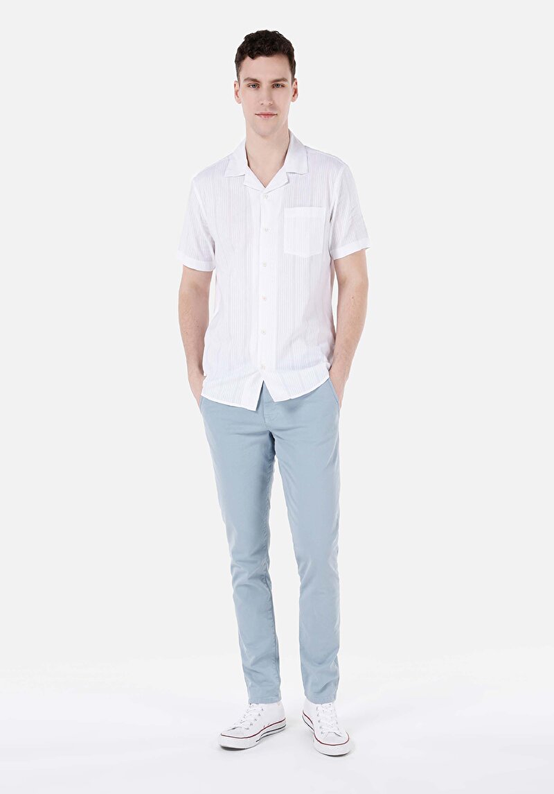 Regular Fit Shirt Neck Cepli Düz Erkek Beyaz Kısa Kol Gömlek