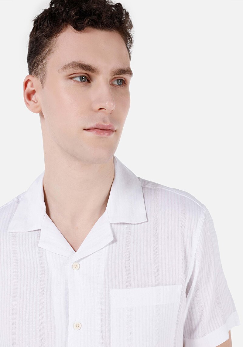Regular Fit Shirt Neck Cepli Düz Erkek Beyaz Kısa Kol Gömlek
