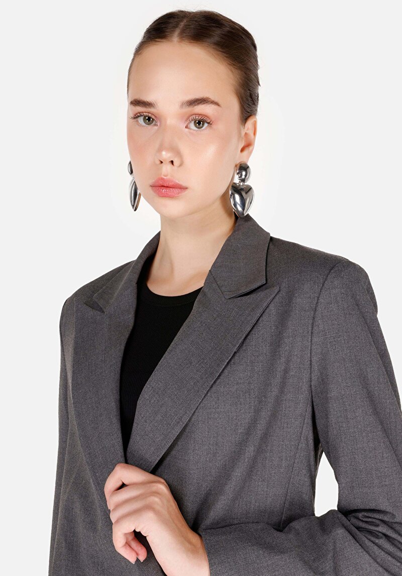 Regular Fit Düğmeli Kadın Gri Ceket