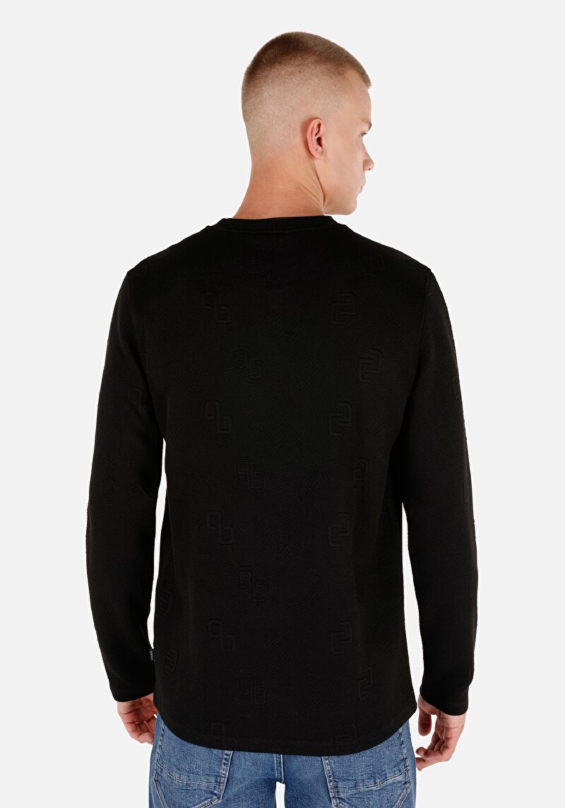 Regular Fit Yuvarlak Yaka Örme Jakarlı Erkek Siyah Uzun Kol Tişört