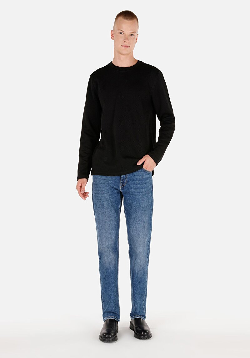 Regular Fit Yuvarlak Yaka Örme Jakarlı Erkek Siyah Uzun Kol Tişört