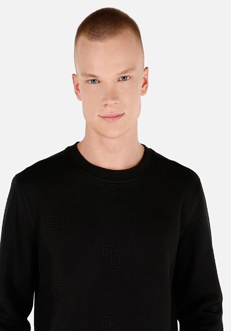 Regular Fit Yuvarlak Yaka Örme Jakarlı Erkek Siyah Uzun Kol Tişört