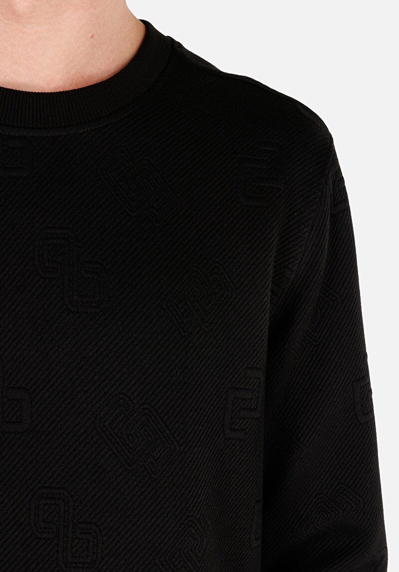 Regular Fit Yuvarlak Yaka Örme Jakarlı Erkek Siyah Uzun Kol Tişört