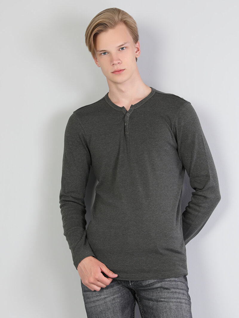 Slim Fit Placket Neck Düz Erkek Yeşil Uzun Kol Tişört
