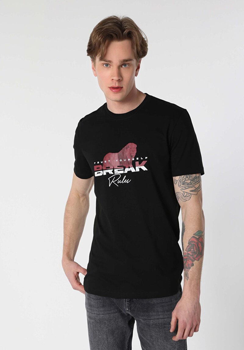 Regular Fit Yuvarlak Yaka Baskılı Erkek Siyah Kısa Kol Tişört