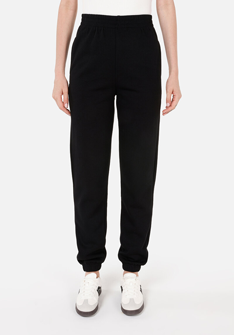 Regular Fit Orta Bel Düz Kadın Siyah Eşofman Altı