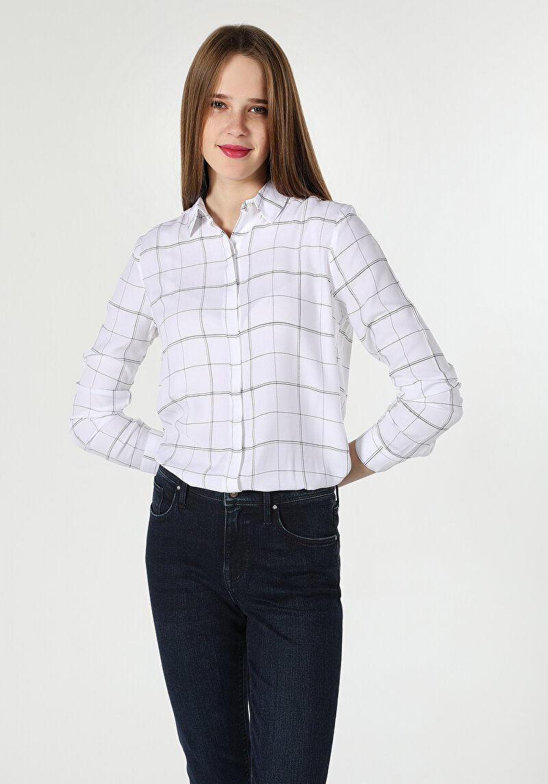 Regular Fit Shirt Neck  Kadın Beyaz Uzun Kol Gömlek Cl1061548