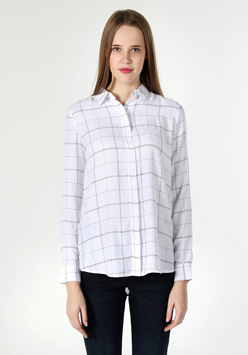 Regular Fit Shirt Neck  Kadın Beyaz Uzun Kol Gömlek Cl1061548