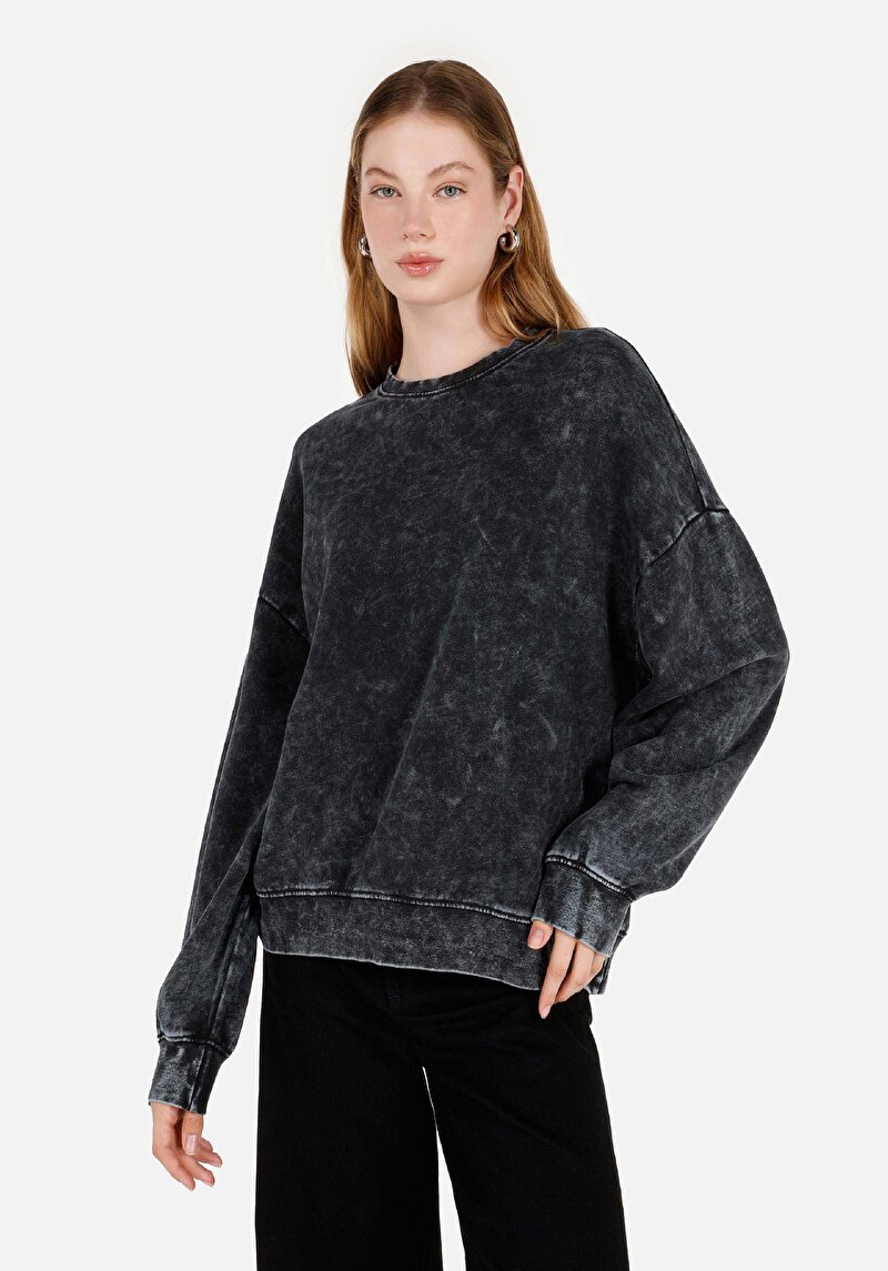 Comfort Fit Yuvarlak Yaka Kadın Antrasit Örme Sweatshirt