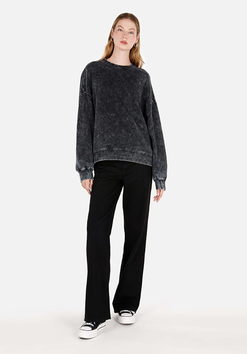 Comfort Fit Yuvarlak Yaka Kadın Antrasit Örme Sweatshirt