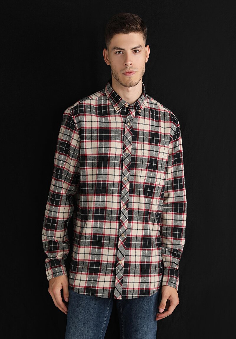 Regular Fit Shirt Neck Ekoseli Erkek Bej Uzun Kol Gömlek