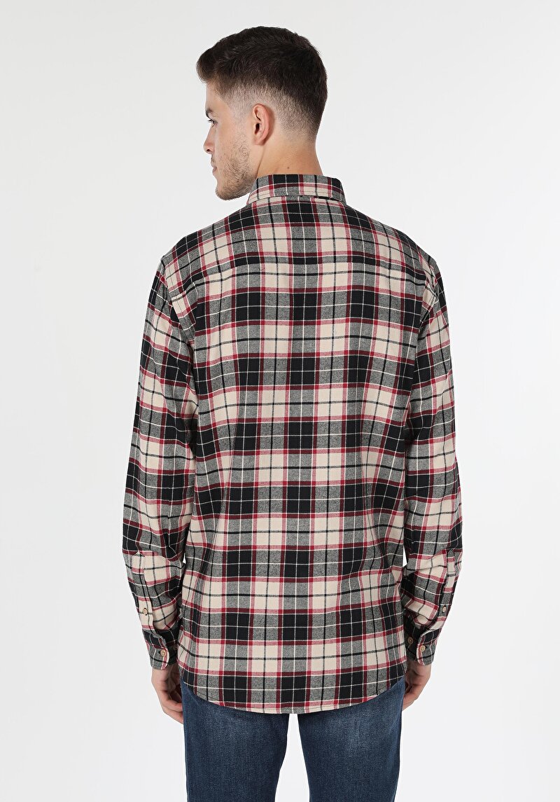 Regular Fit Shirt Neck Ekoseli Erkek Bej Uzun Kol Gömlek