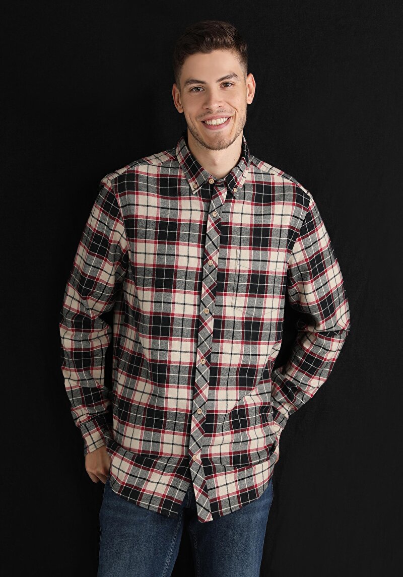 Regular Fit Shirt Neck Ekoseli Erkek Bej Uzun Kol Gömlek