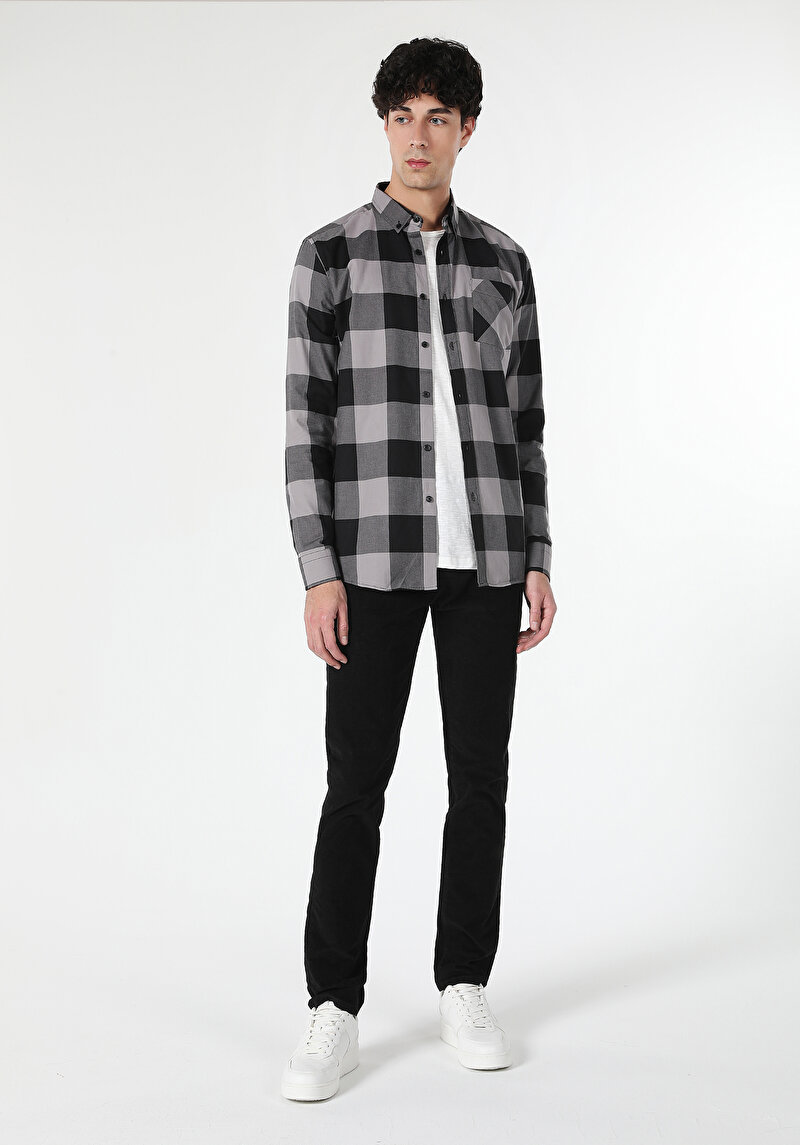 Regular Fit Shirt Neck Kareli Erkek Gri Uzun Kol Gömlek