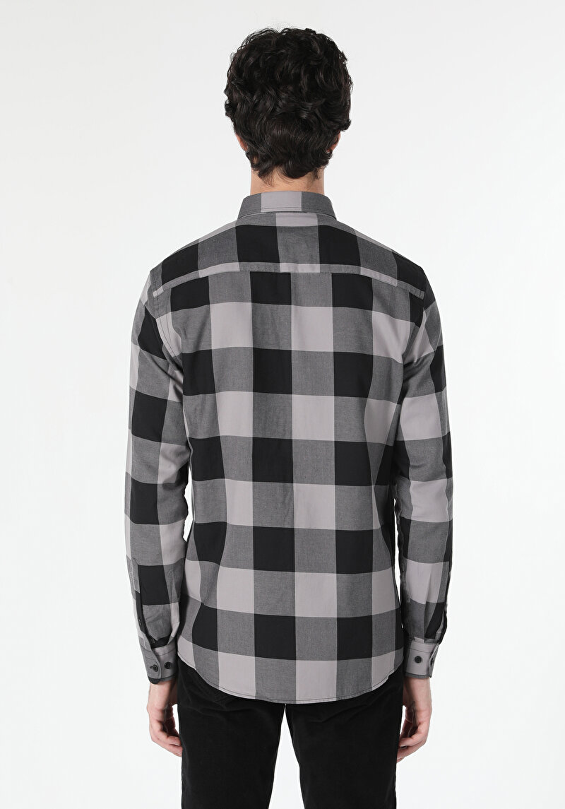 Regular Fit Shirt Neck Kareli Erkek Gri Uzun Kol Gömlek