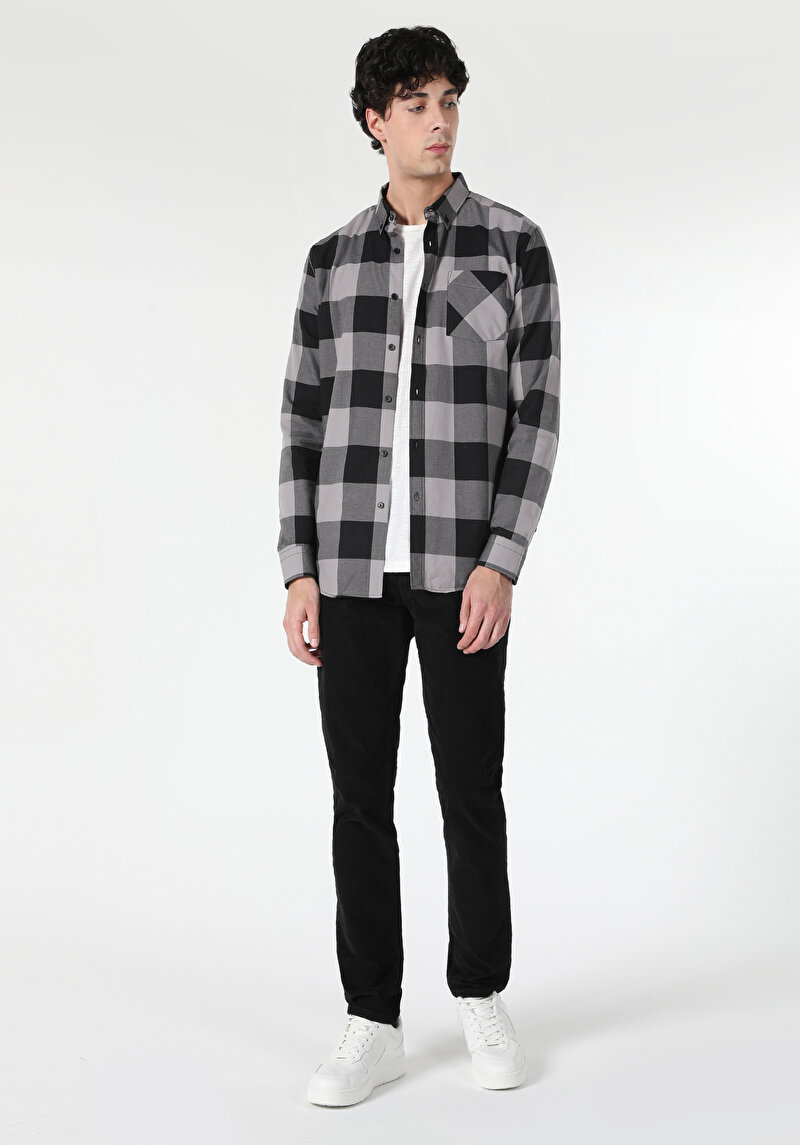 Regular Fit Shirt Neck Kareli Erkek Gri Uzun Kol Gömlek