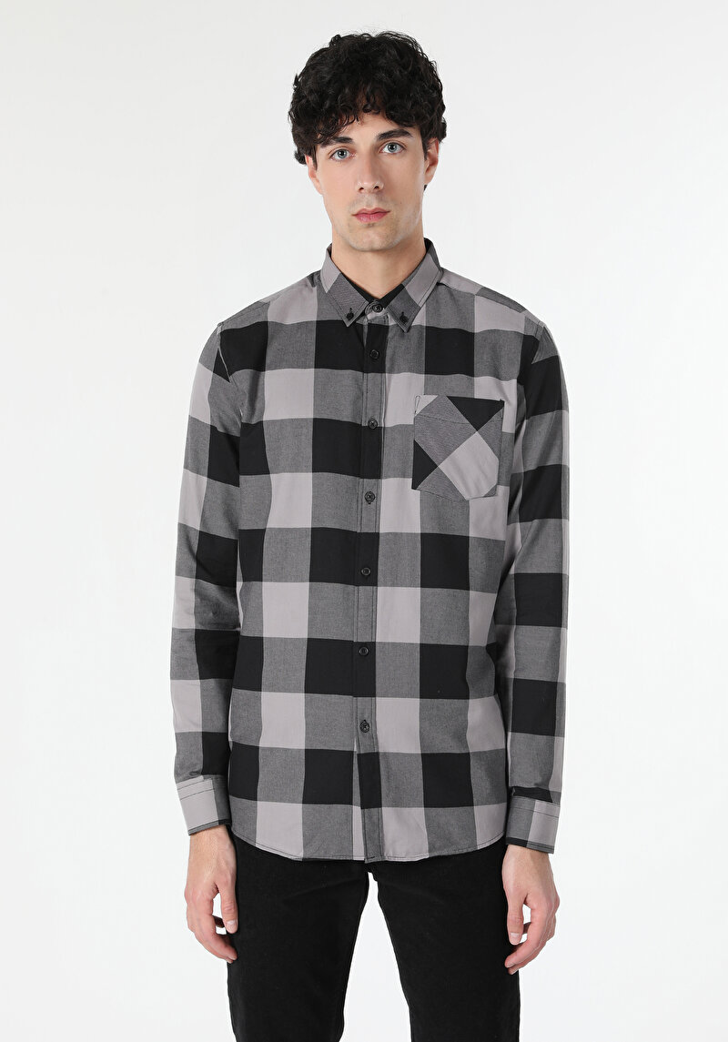 Regular Fit Shirt Neck Kareli Erkek Gri Uzun Kol Gömlek