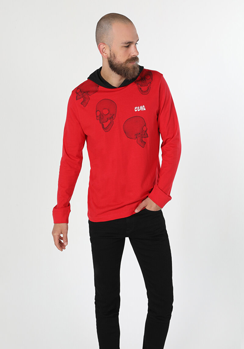 Regular Fit Yuvarlak Yaka Düz Erkek Kirmizi Uzun Kol Tişört
