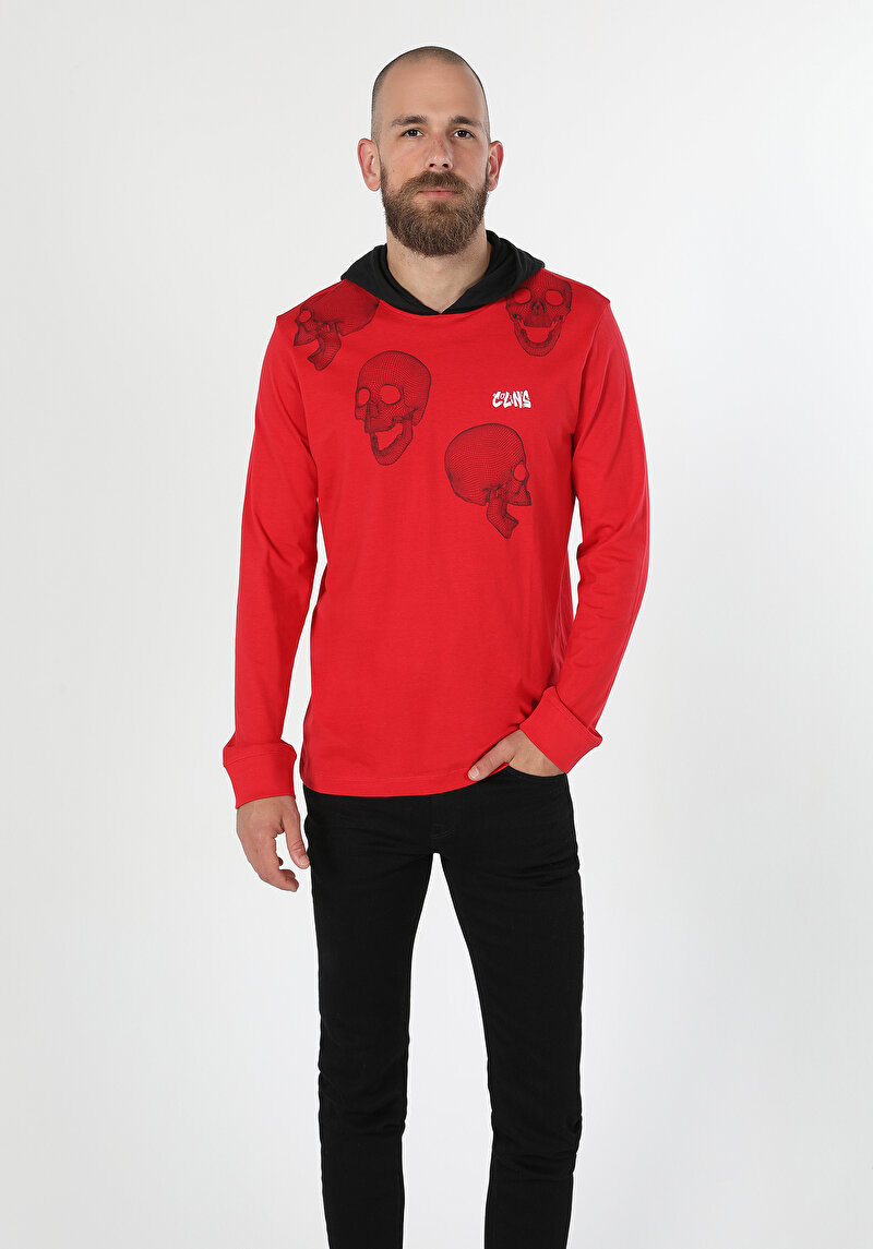 Regular Fit Yuvarlak Yaka Düz Erkek Kirmizi Uzun Kol Tişört