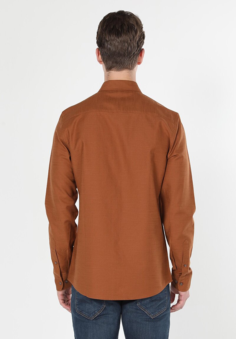 Slim Fit Shirt Neck Düz Erkek Kahverengi Uzun Kol Gömlek Cl1061110