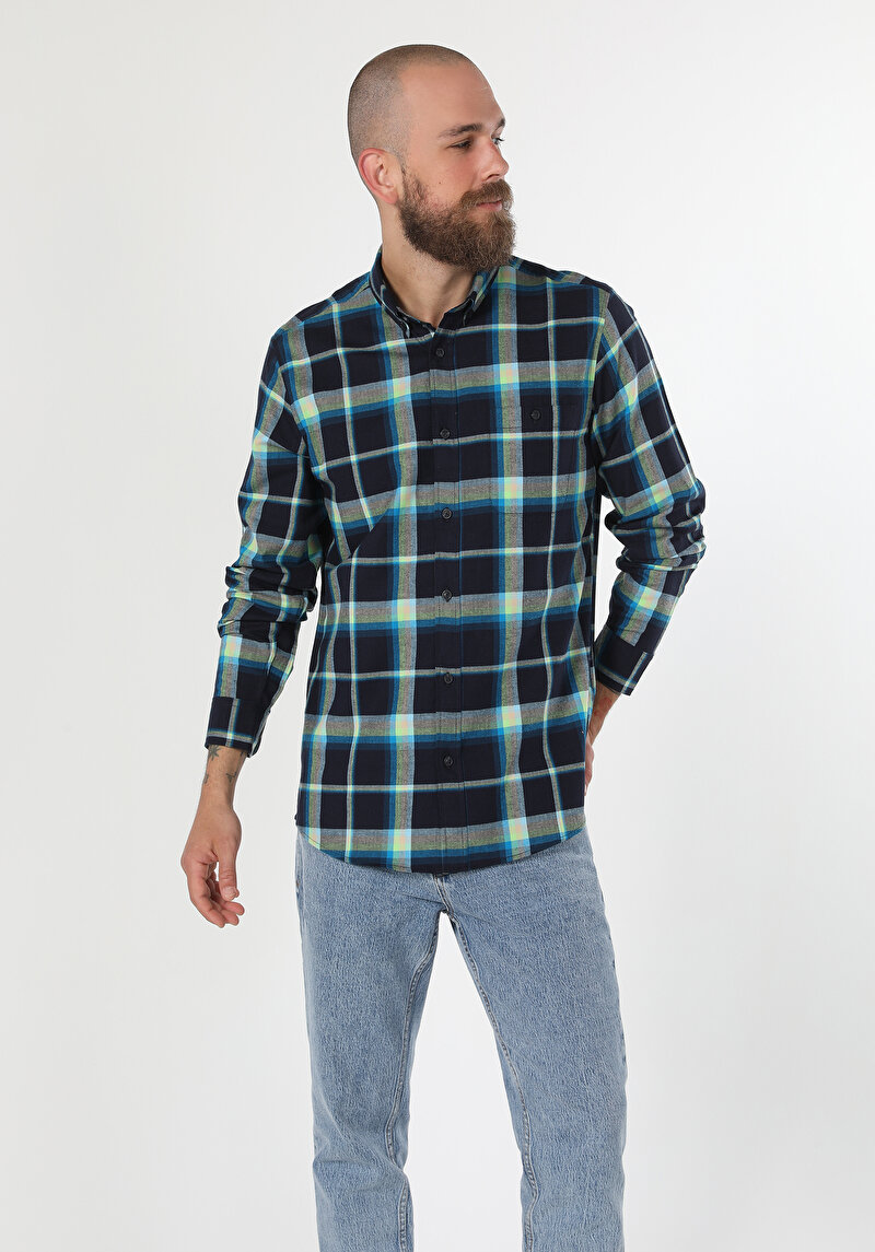 Regular Fit Shirt Neck Ekoseli Erkek Lacivert Uzun Kol Gömlek