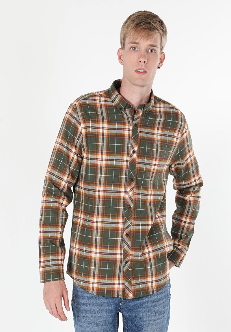 Regular Fit Shirt Neck Ekoseli Erkek Yeşil Uzun Kol Gömlek