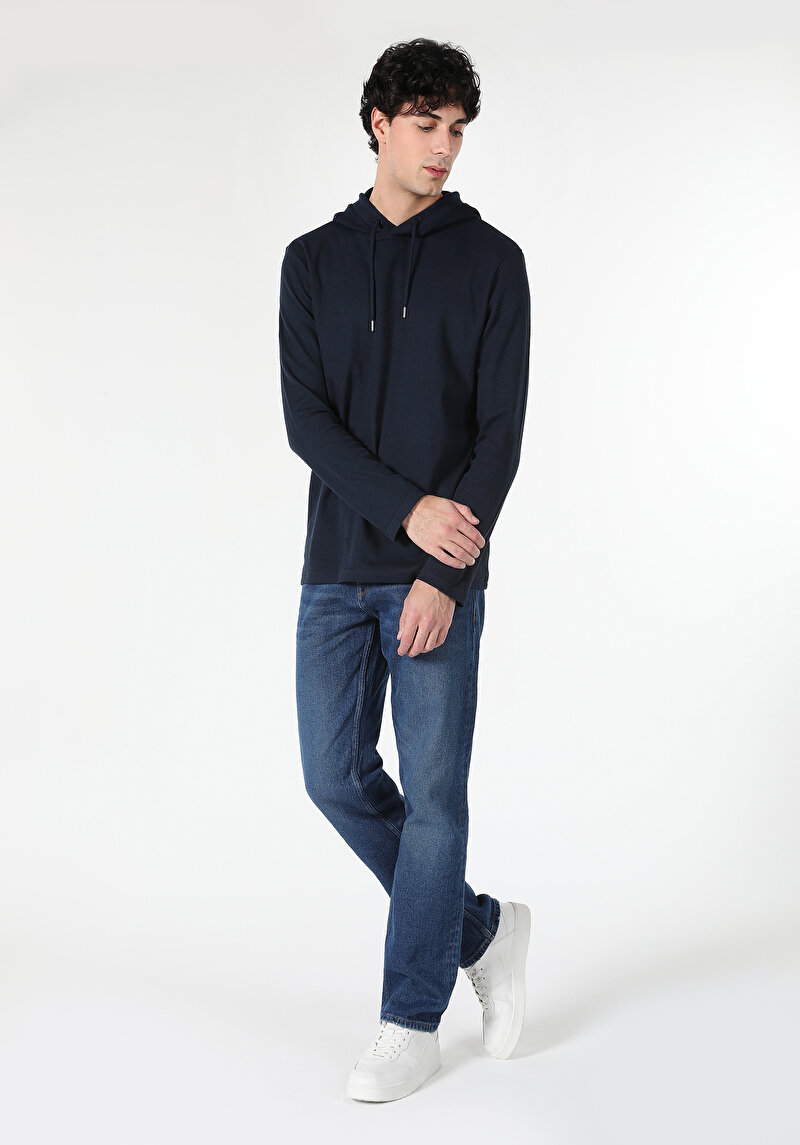 Regular Fit Kapüşonlu Düz Erkek Lacivert Uzun Kol Tişört