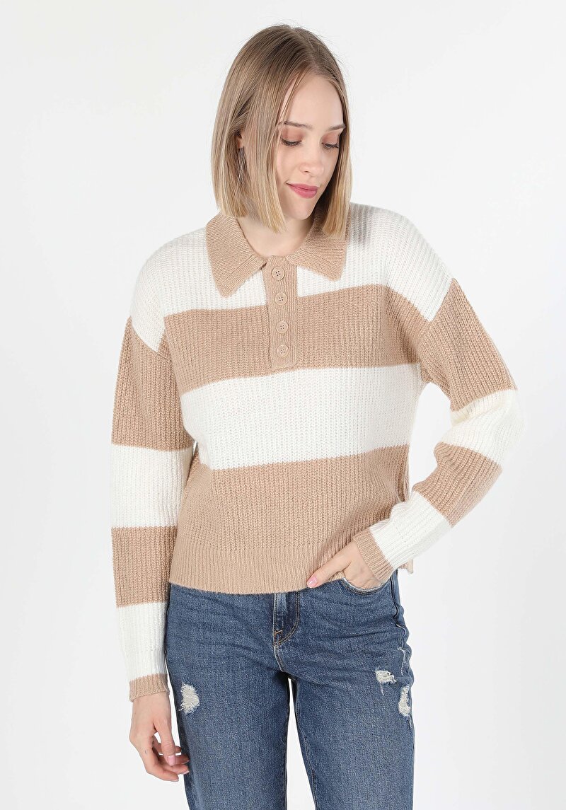 Regular Fit Polo Yaka Çizgili Kadın Ekru Kazak