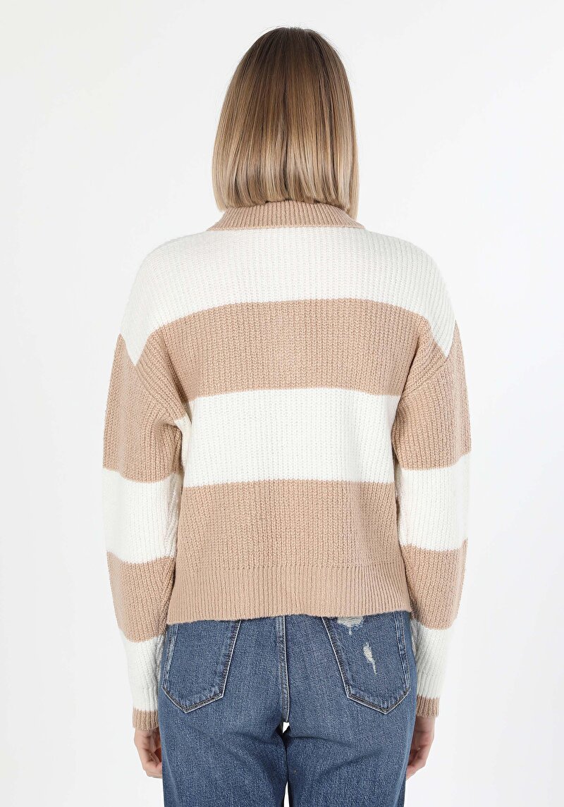 Regular Fit Polo Yaka Çizgili Kadın Ekru Kazak