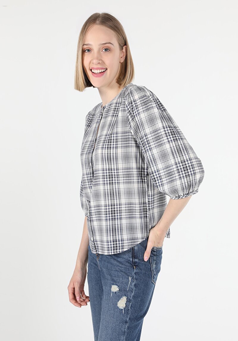 Regular Fit Yuvarlak Yaka Ekoseli Kadın Lacivert Uzun Kol Gömlek