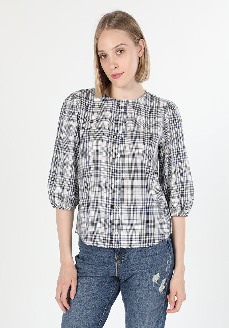 Regular Fit Yuvarlak Yaka Ekoseli Kadın Lacivert Uzun Kol Gömlek